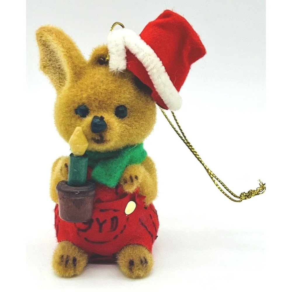 Vintage Morgan Inc Sydney Kangaroo Flocked Christmas Ornament Santa Hat‎ Candle